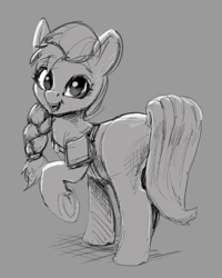 Size: 725x904 | Tagged: source needed, safe, artist:xbi, sunny starscout, earth pony, pony, g5, my little pony: a new generation, spoiler:my little pony: a new generation, bag, female, gray background, grayscale, harness, looking at you, looking back, mare, monochrome, simple background, solo, tack