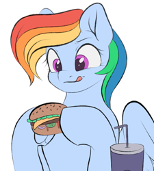 Size: 1853x2057 | Tagged: safe, artist:vetta, rainbow dash, pegasus, pony, g4, burger, drink, drinking straw, food, herbivore, hoof hold, licking, licking lips, simple background, solo, tongue out, veggie burger, white background