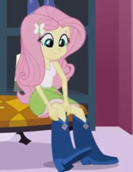 Size: 439x569 | Tagged: safe, screencap, fluttershy, equestria girls, g4, my little pony equestria girls, boots, carousel boutique, clothes, shoes, sleeveless, solo, tank top