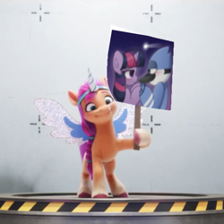 Size: 983x983 | Tagged: safe, artist:kittyrosie, edit, edited screencap, screencap, sunny starscout, twilight sparkle, bird, blue jay, earth pony, pony, unicorn, g4, g5, my little pony: a new generation, 3d, crossover, crossover shipping, cute, female, male, mordecai, mordetwi, regular show, shipping, solo, straight, twiabetes, unicorn twilight