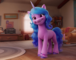 Size: 1911x1510 | Tagged: safe, composite screencap, edit, edited screencap, screencap, izzy moonbow, pony, unicorn, g5, my little pony: a new generation, spoiler:my little pony: a new generation, 3d, couch, cute, female, full body, izzybetes, looking at you, mare, smiling, solo