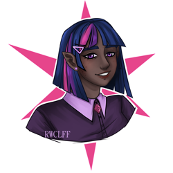 Size: 3000x3000 | Tagged: safe, artist:rowcliffe, twilight sparkle, human, g4, clothes, dark skin, elf ears, female, grin, high res, humanized, shirt, simple background, smiling, solo, white background