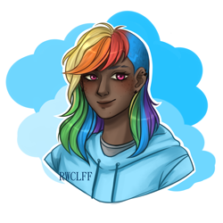 Size: 3000x3000 | Tagged: safe, artist:rowcliffe, rainbow dash, human, g4, alternate hairstyle, clothes, dark skin, ear piercing, earring, female, freckles, high res, hoodie, humanized, jewelry, piercing, shirt, simple background, solo, t-shirt, white background