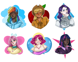 Size: 5000x4000 | Tagged: safe, artist:rowcliffe, applejack, fluttershy, pinkie pie, rainbow dash, rarity, twilight sparkle, human, g4, alternate hairstyle, applejack's hat, blushing, clothes, cowboy hat, dark skin, ear piercing, earring, elf ears, eyeshadow, female, flannel, freckles, grin, hat, hoodie, humanized, jewelry, lipstick, makeup, mane six, nail polish, necklace, piercing, shirt, simple background, smiling, sweater, sweatershy, t-shirt, white background