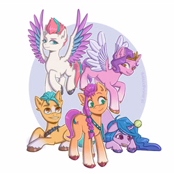 Size: 4724x4724 | Tagged: safe, artist:shallowwin, hitch trailblazer, izzy moonbow, pipp petals, sunny starscout, zipp storm, earth pony, pegasus, pony, unicorn, g5, my little pony: a new generation, spoiler:my little pony: a new generation, absurd resolution, badge, bag, ball, belt, blaze (coat marking), braid, coat markings, cute, face down ass up, facial markings, female, floppy ears, flying, grin, group, izzy's tennis ball, male, mane five (g5), mare, markings, open mouth, open smile, quintet, sheriff's badge, siblings, signature, sisters, smiling, socks (coat markings), spread wings, stallion, tennis ball, unshorn fetlocks, wings, wrong eye color