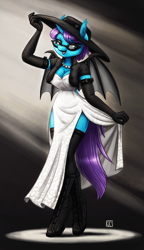 Size: 1500x2608 | Tagged: safe, artist:king-kakapo, oc, oc only, oc:sage boline, unicorn, anthro, unguligrade anthro, bat wings, bayonetta, boots, breasts, cleavage, clothes, commission, confident, dress, evening gloves, flirting, gloves, hat, jewelry, long gloves, madame mirage, necklace, pearl necklace, sexy, shoes, socks, solo, spotlight, stockings, thigh highs, wings, witch