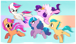 Size: 2218x1291 | Tagged: safe, artist:syrupyyy, hitch trailblazer, izzy moonbow, pipp petals, sunny starscout, zipp storm, earth pony, pegasus, pony, unicorn, g4, g5, my little pony: a new generation, spoiler:my little pony: a new generation, adorapipp, adorazipp, braid, cute, eyes closed, female, flying, g5 to g4, group, looking at each other, male, mane five, mare, markings, missing accessory, open mouth, quintet, raised eyebrow, raised hoof, raised leg, royal sisters (g5), siblings, signature, sisters, smiling, stallion, unshorn fetlocks, wings