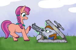 Size: 1088x715 | Tagged: safe, artist:jargon scott, sunny starscout, oc, oc:littlepip, earth pony, pony, unicorn, fallout equestria, g5, my little pony: a new generation, 10mm pistol, braid, cloud, duo, duo female, female, glowing, glowing horn, grass, green eyes, gun, handgun, horn, looking at each other, magic, mare, open mouth, pipboy, pistol, standing, tail, teal eyes, telekinesis, unicorn oc, unshorn fetlocks, weapon