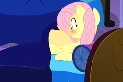 Size: 2785x1859 | Tagged: safe, artist:badumsquish, derpibooru exclusive, fluttershy, pegasus, pony, do princesses dream of magic sheep, g4, :o, bed, belly, big belly, blanket, blushing, confused, female, implied tantabus, kicking, looking at belly, looking at something, lying down, mare, on back, on bed, open mouth, pillow, pink mane, preggoshy, pregnant, rapid pregnancy, solo, surprised, this ended in pregnancy, wide eyes