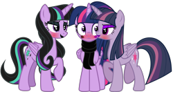 Size: 10027x5342 | Tagged: safe, artist:severity-gray, mean twilight sparkle, twilight sparkle, oc, oc:twivine sparkle, alicorn, pony, g4, alternate hairstyle, bedroom eyes, blushing, cheek kiss, clothes, evil clone, eye contact, eyeshadow, female, kiss mark, kissing, lipstick, looking at each other, makeup, mare, scarf, simple background, transparent background, triality, twilight sparkle (alicorn)