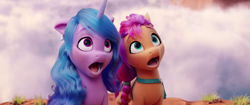 Size: 1920x804 | Tagged: safe, screencap, izzy moonbow, sunny starscout, earth pony, pony, unicorn, g5, my little pony: a new generation, spoiler:my little pony: a new generation, 3d, cute, duo, female, izzybetes, mare, open mouth, shocked, shocked expression, sunnybetes, surprised, volumetric mouth