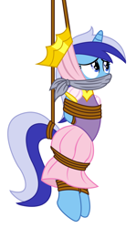 Size: 2270x3802 | Tagged: safe, artist:radiantrealm, edit, minuette, pony, unicorn, g4, arm behind back, bondage, bound and gagged, cloth gag, clothes, costume, crown, damsel in distress, female, gag, high res, jewelry, mare, over the nose gag, regalia, rope, rope bondage, simple background, solo, suspended, suspension bondage, tied up, unicorn tribe, white background