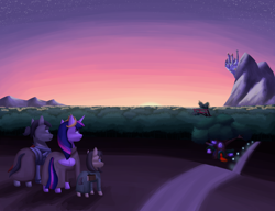 Size: 3250x2500 | Tagged: safe, artist:vezja, twilight sparkle, oc, alicorn, pony, fanfic:the enchanted library, g4, book, canterlot, crown, everfree forest, fanfic art, female, golden oaks library, high res, jewelry, mare, mountain, regalia, road, stars, sunset, twilight sparkle (alicorn)