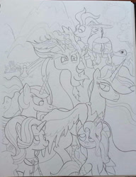 Size: 783x1021 | Tagged: safe, artist:gojira1604shinomura, cozy glow, discord, fluttershy, lord tirek, princess celestia, queen chrysalis, rainbow dash, starlight glimmer, tank, twilight sparkle, alicorn, draconequus, earth pony, pegasus, pony, unicorn, g4, the last problem, group, lines, mountain, older, older twilight, older twilight sparkle (alicorn), princess twilight 2.0, sketch, sun, traditional art, tree, twilight sparkle (alicorn)