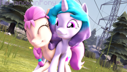 Size: 3840x2160 | Tagged: safe, artist:marianokun, izzy moonbow, sunny starscout, earth pony, pony, unicorn, g5, my little pony: a new generation, 3d, happy, high res, power line, smiling, source filmmaker