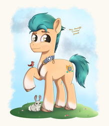 Size: 1720x1976 | Tagged: safe, artist:dyonys, hitch trailblazer, bird, earth pony, pony, rabbit, g5, my little pony: a new generation, spoiler:my little pony: a new generation, accessory, animal, blushing, coat markings, critter magnet, cute, hitchbetes, male, offscreen character, raised eyebrow, raised hoof, smiling, solo, stallion, standing, text, unshorn fetlocks