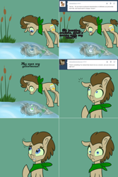 Size: 1302x1954 | Tagged: safe, artist:toadstool-prancer, doctor whooves, time turner, oc, oc:tantamount, changeling, earth pony, pony, tantamount time turner, g4, blue eyes, cattails, changeling oc, cute, disguise, disguised changeling, doctorbetes, earth pony oc, eyes open, green sclera, male, male oc, one ear down, pony oc, reeds, reflection, solo, stallion