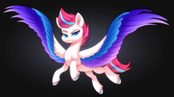 Size: 1121x627 | Tagged: safe, artist:scarlet-spectrum, zipp storm, pegasus, pony, g5, my little pony: a new generation, spoiler:my little pony: a new generation, black background, colored pupils, female, looking at you, mare, simple background, smiling, solo, spread wings, wings