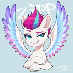 Size: 1631x1631 | Tagged: safe, artist:bbtasu, zipp storm, pegasus, pony, g5, my little pony: a new generation, spoiler:my little pony: a new generation, bust, female, lidded eyes, looking at you, mare, simple background, smiling, solo, spread wings, text, wings