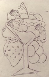 Size: 2511x3947 | Tagged: safe, anonymous artist, berry punch, berryshine, earth pony, pony, g4, alcohol, drunk, female, food, glass, go home you're drunk, grapes, high res, mare, martini, monochrome, sleeping, smiling, solo, strawberry, traditional art, wine glass