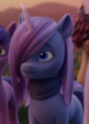 Size: 290x400 | Tagged: safe, screencap, smokey cobalt, earth pony, pony, unicorn, g5, my little pony: a new generation, 3d, cropped, female, hair over one eye, male, mare, offscreen character, solo focus, stallion