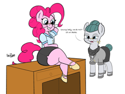 Size: 3499x2623 | Tagged: safe, artist:datzigga, cloudy quartz, pinkie pie, earth pony, pony, semi-anthro, g4, arm hooves, clothes, crossed legs, desk, female, glasses, heels on a horse, high heels, high res, mother and child, mother and daughter, pencil skirt, shoes, skirt