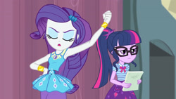Size: 3410x1920 | Tagged: safe, screencap, rarity, sci-twi, twilight sparkle, equestria girls, g4, my little pony equestria girls: better together, stressed in show, armpits, arms in the air, bowtie, bracelet, clothes, cutie mark, cutie mark on clothes, eyes closed, female, geode of shielding, geode of telekinesis, glasses, hairpin, hands in the air, jewelry, magical geodes, necklace, open mouth, ponytail, rarity peplum dress, sleeveless, tired