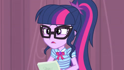 Size: 3410x1920 | Tagged: safe, screencap, sci-twi, twilight sparkle, equestria girls, g4, my little pony equestria girls: better together, stressed in show, bowtie, female, geode of telekinesis, glasses, jewelry, magical geodes, necklace, open mouth, ponytail, solo