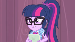 Size: 3410x1920 | Tagged: safe, screencap, sci-twi, twilight sparkle, equestria girls, g4, my little pony equestria girls: better together, stressed in show, bowtie, female, geode of telekinesis, glasses, jewelry, lip bite, magical geodes, necklace, ponytail, solo