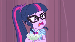 Size: 3410x1920 | Tagged: safe, screencap, sci-twi, twilight sparkle, equestria girls, g4, my little pony equestria girls: better together, stressed in show, bowtie, female, frown, geode of telekinesis, glasses, high res, jewelry, magical geodes, necklace, open mouth, ponytail, solo