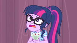 Size: 3410x1920 | Tagged: safe, screencap, sci-twi, twilight sparkle, equestria girls, g4, my little pony equestria girls: better together, stressed in show, bowtie, female, glasses, open mouth, ponytail, solo