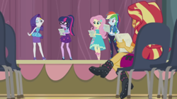 Size: 1920x1076 | Tagged: safe, screencap, fluttershy, rainbow dash, rarity, sci-twi, sunset shimmer, twilight sparkle, equestria girls, g4, my little pony equestria girls: better together, stressed in show, armpits, female, rarity peplum dress, sleeveless