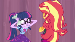 Size: 3410x1920 | Tagged: safe, screencap, sci-twi, sunset shimmer, twilight sparkle, equestria girls, g4, my little pony equestria girls: better together, stressed in show, bowtie, clothes, cutie mark, cutie mark on clothes, female, geode of telekinesis, glasses, jacket, jewelry, leather, leather jacket, magical geodes, necklace, ponytail