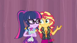 Size: 3410x1920 | Tagged: safe, screencap, sci-twi, sunset shimmer, twilight sparkle, equestria girls, g4, my little pony equestria girls: better together, stressed in show, bowtie, clothes, cutie mark, cutie mark on clothes, female, geode of empathy, geode of telekinesis, glasses, jacket, jewelry, leather, leather jacket, magical geodes, necklace, ponytail
