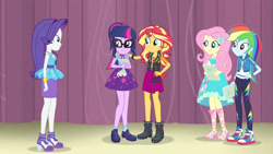 Size: 3410x1920 | Tagged: safe, screencap, fluttershy, rainbow dash, rarity, sci-twi, sunset shimmer, twilight sparkle, equestria girls, g4, my little pony equestria girls: better together, stressed in show, bowtie, clothes, converse, cutie mark, cutie mark on clothes, female, fluttershy boho dress, geode of empathy, geode of fauna, geode of shielding, geode of super speed, geode of telekinesis, glasses, hairpin, hand on hip, high heels, hoodie, jacket, jewelry, leather, leather jacket, magical geodes, necklace, ponytail, rarity peplum dress, sandals, sci-twi skirt, shoes, skirt, smiling, sneakers