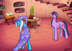 Size: 1280x906 | Tagged: safe, artist:malinsasse, trixie, twilight sparkle, pony, unicorn, g4, deviantart watermark, eyes closed, golden oaks library, obtrusive watermark, sad, small head, watermark