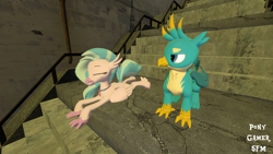 Size: 1920x1080 | Tagged: safe, artist:php170, gallus, silverstream, classical hippogriff, griffon, hippogriff, g4, 3d, cute, dc comics, diastreamies, duo, eyes closed, female, gallus is not amused, happy, joker (2019), male, parody, scene interpretation, scene parody, source filmmaker, stairs, stairs are awesome, that hippogriff sure does love stairs, unamused, wings