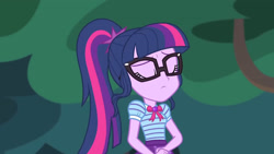 Size: 3410x1920 | Tagged: safe, screencap, sci-twi, twilight sparkle, equestria girls, g4, my little pony equestria girls: better together, stressed in show, stressed in show: fluttershy, bowtie, eyes closed, female, geode of telekinesis, glasses, jewelry, magical geodes, necklace, ponytail, solo