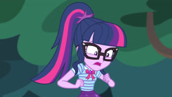 Size: 3410x1920 | Tagged: safe, screencap, sci-twi, twilight sparkle, equestria girls, g4, my little pony equestria girls: better together, stressed in show, stressed in show: fluttershy, bowtie, female, geode of telekinesis, glasses, jewelry, magical geodes, necklace, open mouth, ponytail, shrunken pupils, solo