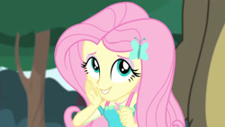 Size: 3410x1920 | Tagged: safe, screencap, fluttershy, harry, bear, equestria girls, g4, my little pony equestria girls: better together, stressed in show, stressed in show: fluttershy, cute, female, geode of fauna, hairpin, jewelry, magical geodes, male, necklace, offscreen character, shyabetes, smiling