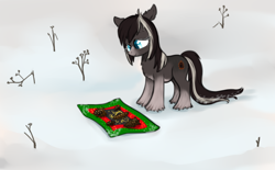 Size: 946x585 | Tagged: safe, artist:anonymous, oc, oc only, oc:pine ponder, pony, yakutian horse, blanket, female, mare, pinecone, shrub, snow, snow mare, solo