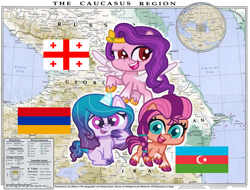 Size: 1208x916 | Tagged: safe, izzy moonbow, pipp petals, sunny starscout, earth pony, pegasus, pony, unicorn, g5, armenia, azerbaijan, eqg flag-tag meme, g5 to g4.5, georgia (country), map, transcaucasia