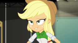 Size: 1280x718 | Tagged: safe, screencap, applejack, equestria girls, equestria girls specials, g4, my little pony equestria girls: movie magic, applejack's hat, clothes, cowboy hat, female, hat, shirt, smiling, solo