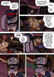 Size: 2408x3400 | Tagged: safe, artist:tarkron, all aboard, steamer, oc, changeling, earth pony, pony, comic:fusing the fusions, comic:time of the fusions, g4, background pony, bulges, clothes, comic, commissioner:bigonionbean, conductor, conductor hat, cutie mark, dialogue, dirty, engineer, female, flashlight (object), friendship express, glasses, gloves, glowing eyes, hat, high res, horn, light, lights, looking at you, magic, male, noises, panel, rain, random pony, shedding, shocked, stallion, storm, straight, train, transformation, transformation sequence, vein, vein bulge, window, wings, writer:bigonionbean