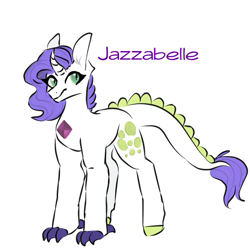 Size: 525x524 | Tagged: safe, artist:midnight-splash, oc, oc only, oc:jazzabelle, dracony, hybrid, pony, unicorn, claws, gem, horn, interspecies offspring, offspring, parent:rarity, parent:spike, parents:sparity, simple background, slit pupils, solo, white background