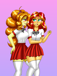 Size: 2200x2900 | Tagged: safe, artist:zachc, adagio dazzle, sunset shimmer, equestria girls, g4, alternate clothes, blushing, breasts, clothes, duo, female, gradient background, hand on hip, high res, shipping, skirt, socks, thigh highs, uniform, zettai ryouiki