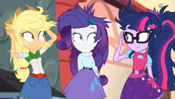 Size: 3410x1920 | Tagged: safe, screencap, applejack, rarity, sci-twi, twilight sparkle, equestria girls, equestria girls specials, g4, movie magic, applejack's hat, belt, clothes, cowboy hat, cutie mark, cutie mark on clothes, denim skirt, female, geode of telekinesis, glasses, hairpin, hat, high res, jewelry, looking at each other, magical geodes, messy hair, necklace, ponytail, skirt