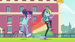 Size: 3410x1920 | Tagged: safe, screencap, rainbow dash, sci-twi, twilight sparkle, equestria girls, g4, my little pony equestria girls: better together, stressed in show, stressed in show: rainbow dash, canterlot high, clothes, cute, cutie mark, cutie mark on clothes, dashabetes, eyes closed, female, geode of super speed, glasses, high res, hoodie, jewelry, magical geodes, necklace, open mouth, ponytail, rainbow trail, running, shoes, smiling, sneakers
