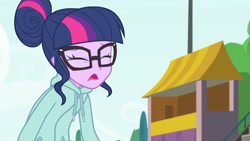Size: 3410x1920 | Tagged: safe, screencap, sci-twi, twilight sparkle, equestria girls, equestria girls series, g4, stressed in show, stressed in show: rainbow dash, clothes, eyes closed, female, glasses, high res, jacket, open mouth, ponytail, running, solo