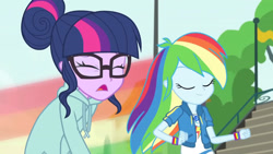 Size: 3410x1920 | Tagged: safe, screencap, rainbow dash, sci-twi, twilight sparkle, equestria girls, equestria girls series, g4, stressed in show, stressed in show: rainbow dash, clothes, cutie mark, cutie mark on clothes, eyes closed, female, geode of super speed, glasses, high res, hoodie, jewelry, magical geodes, necklace, open mouth, ponytail, rainbow trail, running, smiling